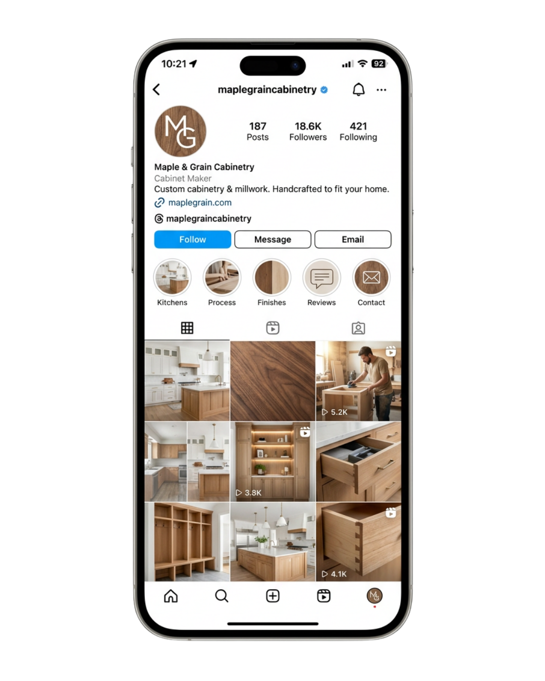 Instagram profile for Maple & Grain Cabinetry &mdash; a custom cabinet maker with 18.6K followers
